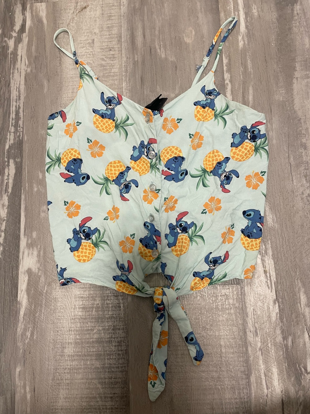 Disney Women’s Light Blue Pineapple & Stitch Print Tie-Front Cami Top